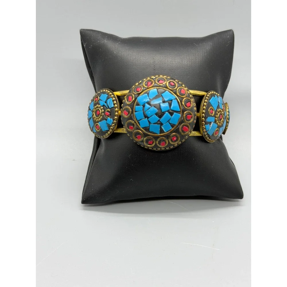 Tibetan Style Cuff Bracelet Blue Red Brass Tone Metal Mosaic Medallions Inlay
